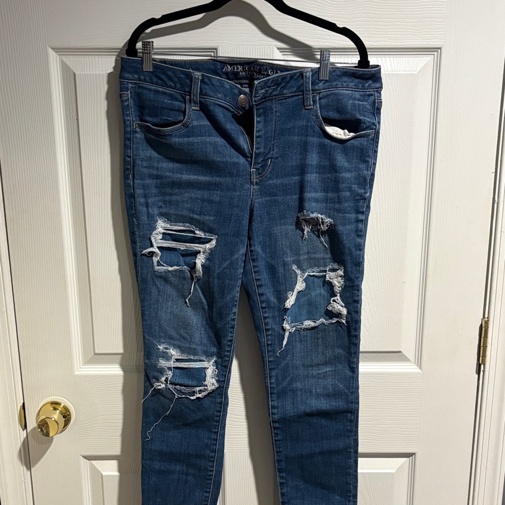 American Eagle Outfitters Women's Dark Blue Ripped Skinny Jeans